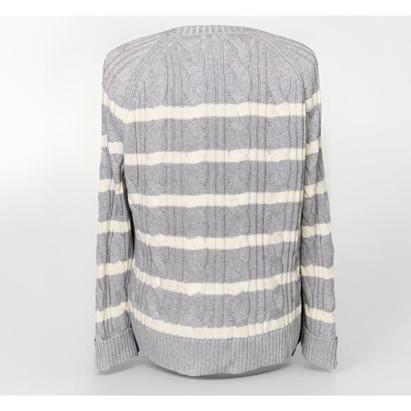 TALBOTS Large Chunky Cable Knit Striped Gray Silver Button Pullover Sweater Top - Picture 2 of 6